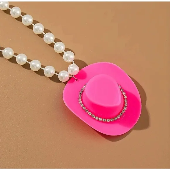 Pearl Necklace with Pink Cowboy Hat Rhinestone Pendant - Picture 3 of 4